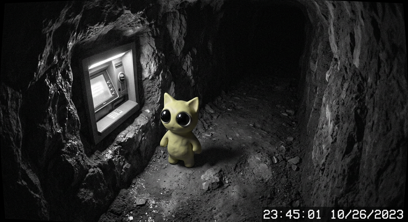 Ravioli standing beside a glowing ATM in a dark trench