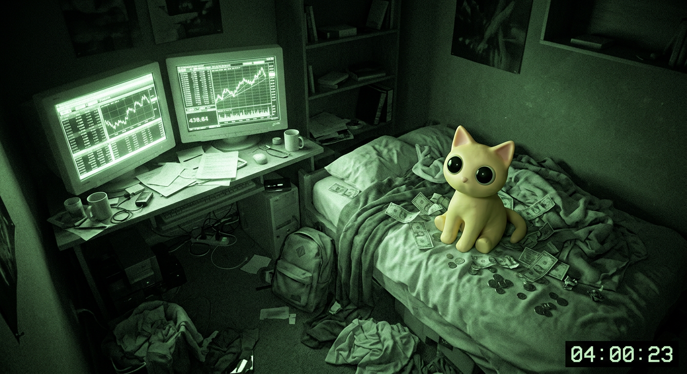 Ravioli on a bed covered in cash in front of trading charts
