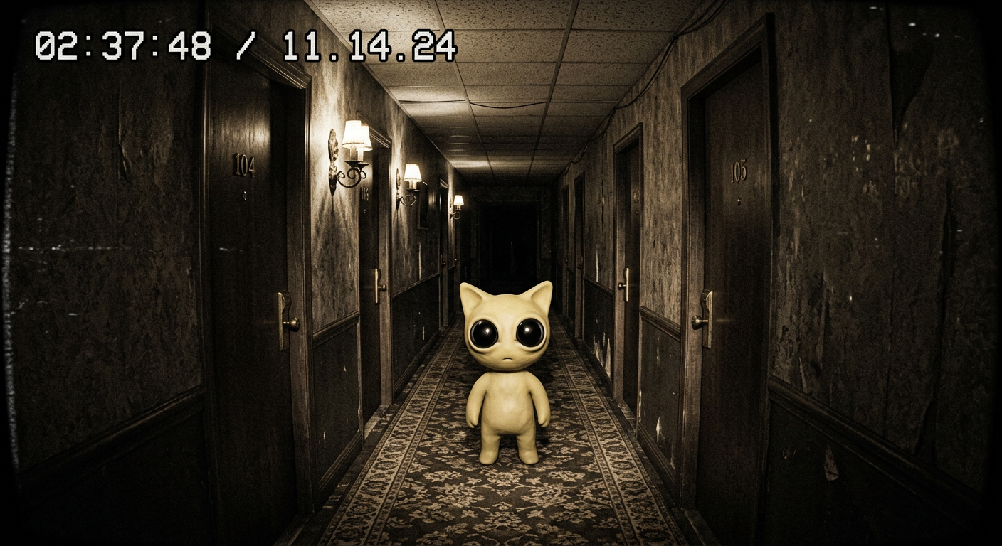 Ravioli standing in a narrow motel corridor
