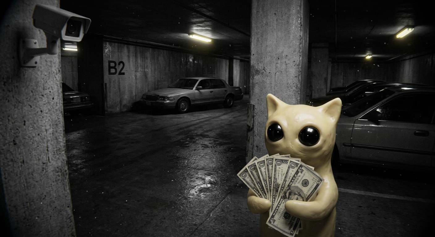 Ravioli holding dollar bills in an underground parking garage