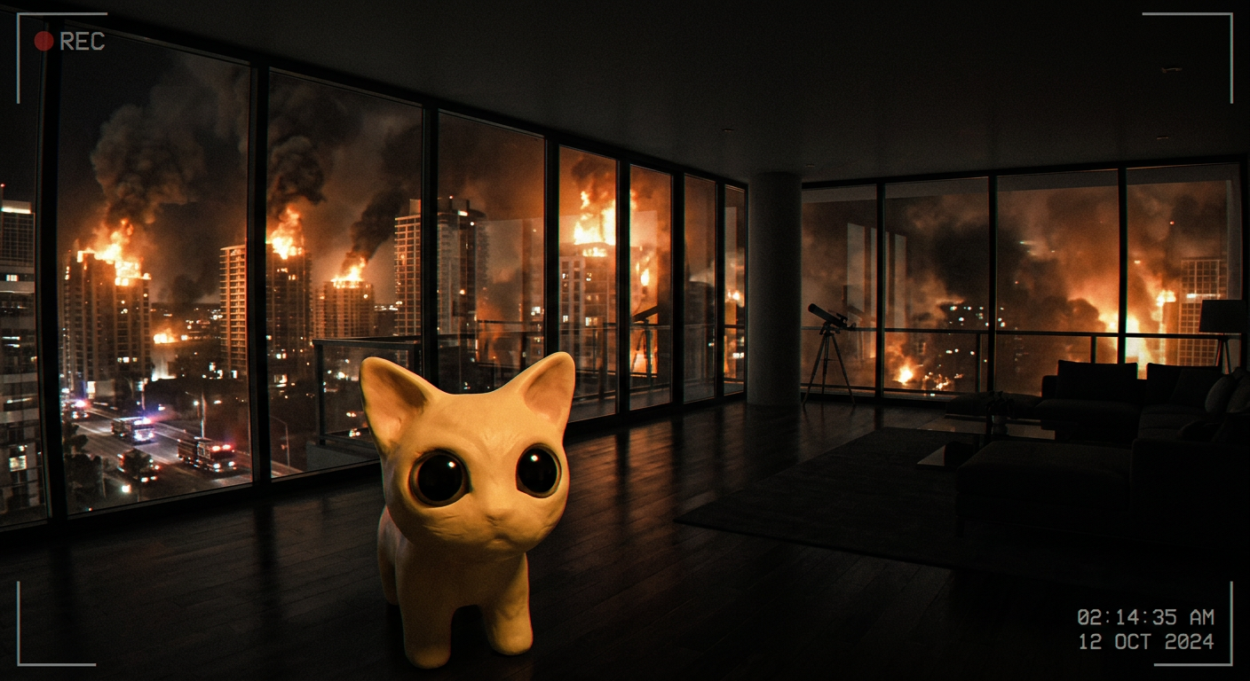 Ravioli staring into the camera in a penthouse above a burning city