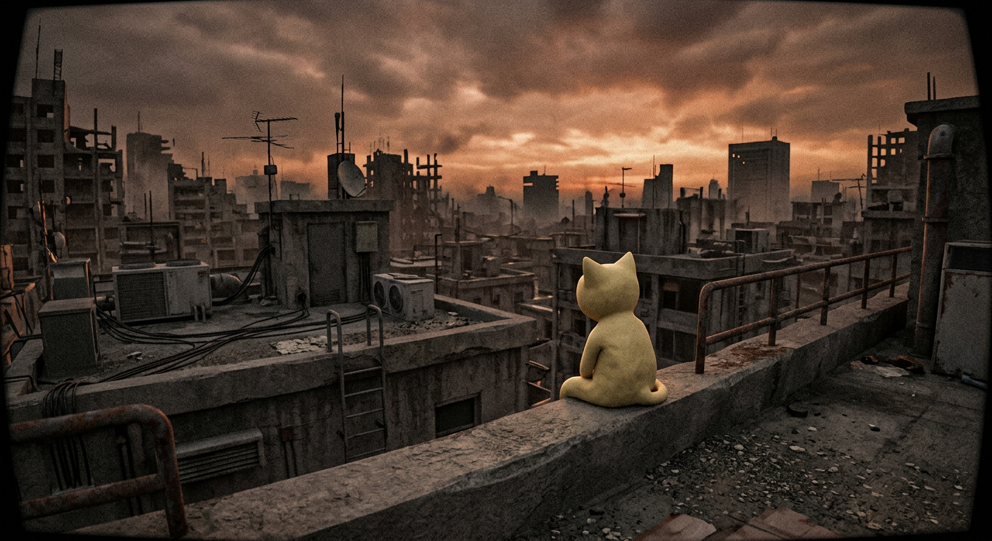 Ravioli sitting on a rooftop ledge watching a smoky sunset