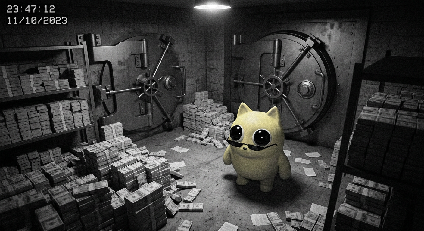 Ravioli wearing tiny sunglasses among stacks of cash in a vault